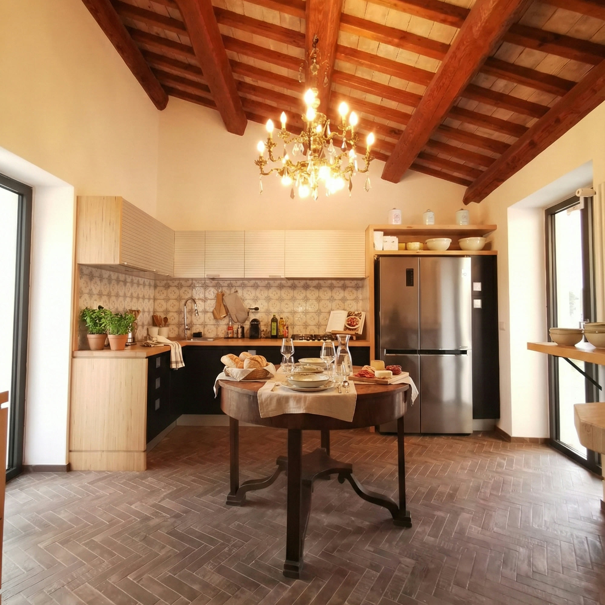 The kitchen under the beamed roof, table laid