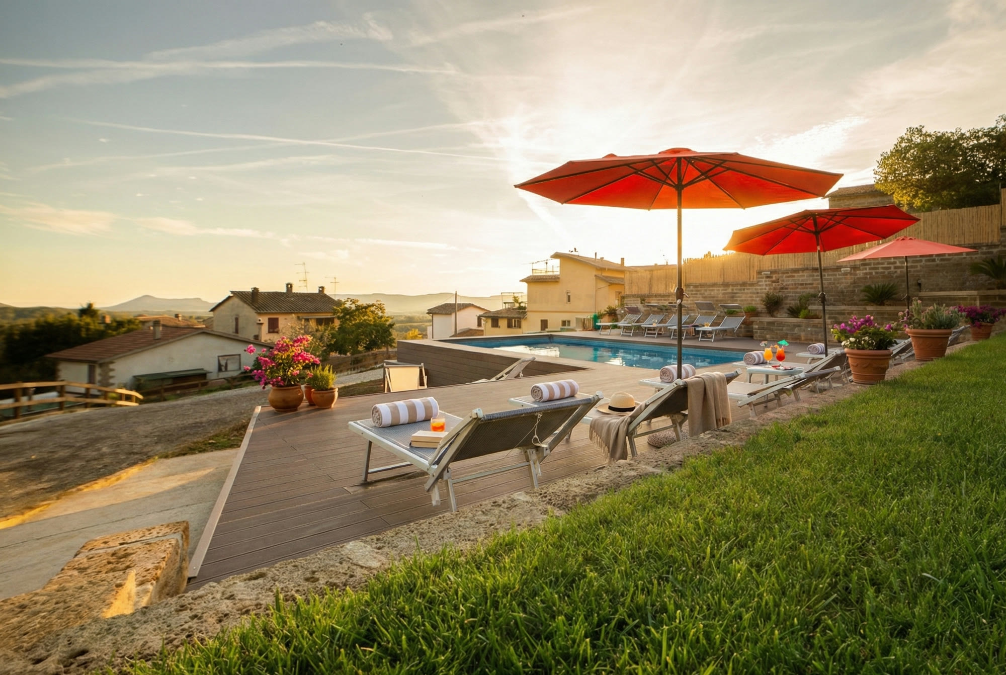 The pool at sunset, looking over the rooftops towards the hills